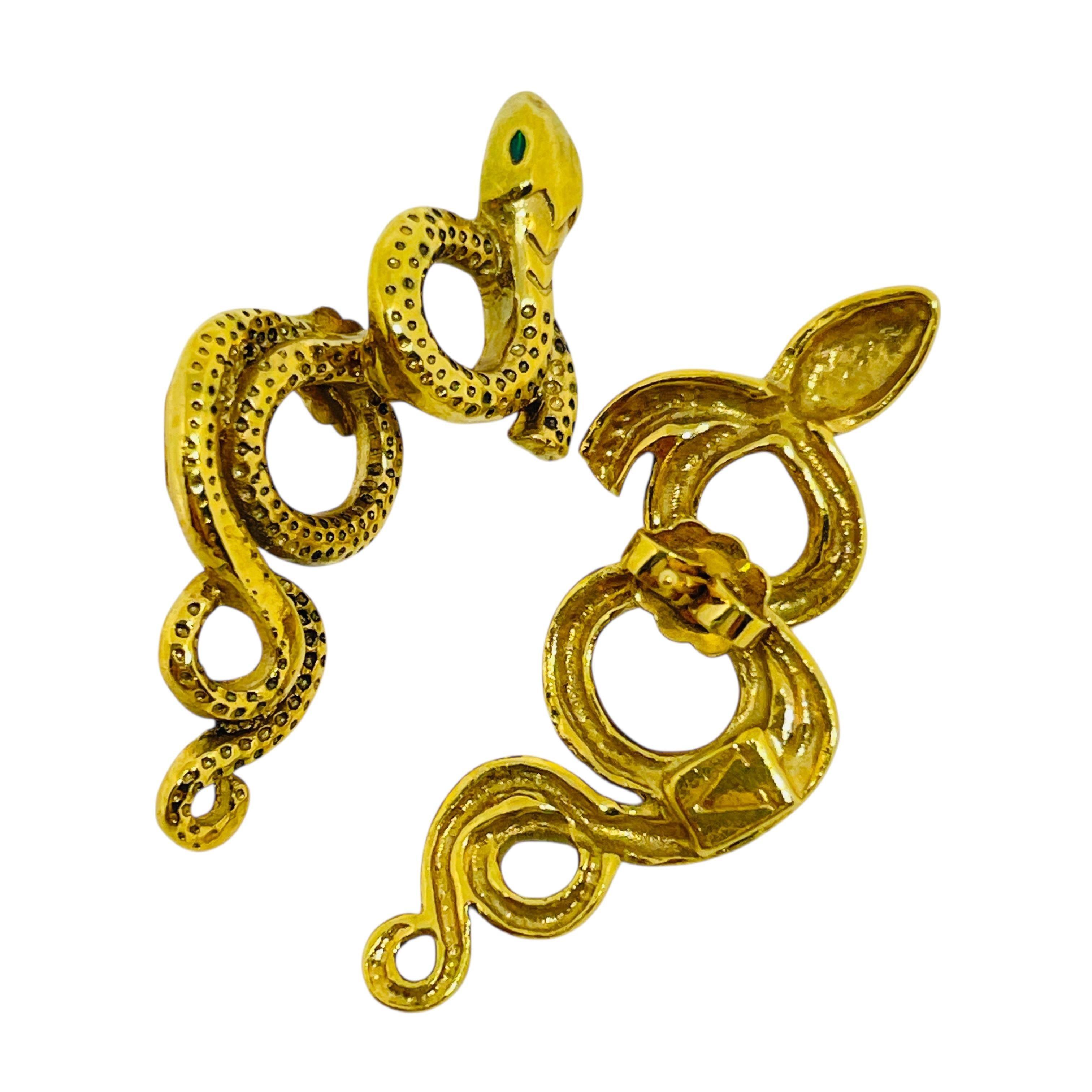 Women's or Men's Vintage gold tone signed V pink snake emerald crystal eyes designer earrings For Sale