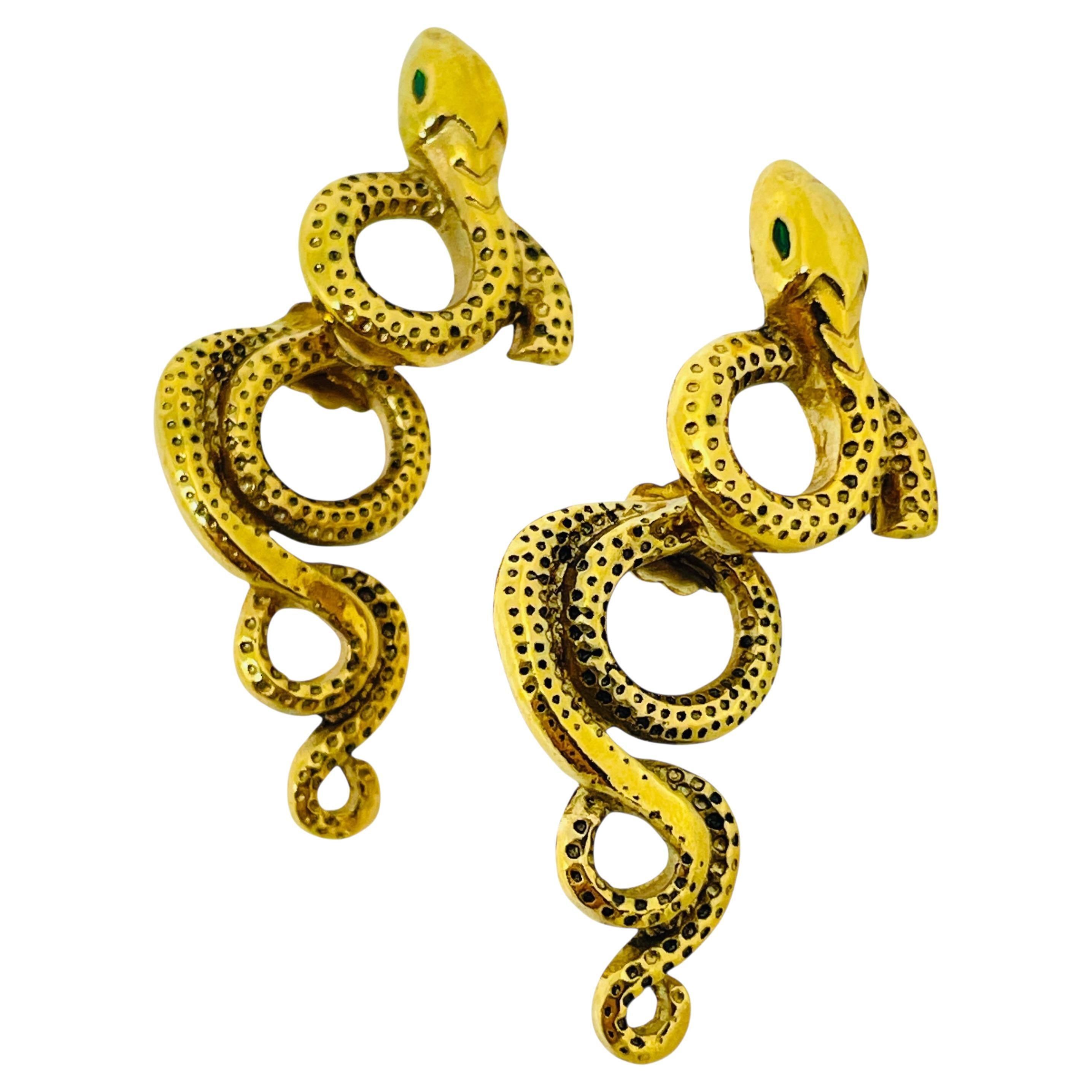 Vintage gold tone signed V pink snake emerald crystal eyes designer earrings