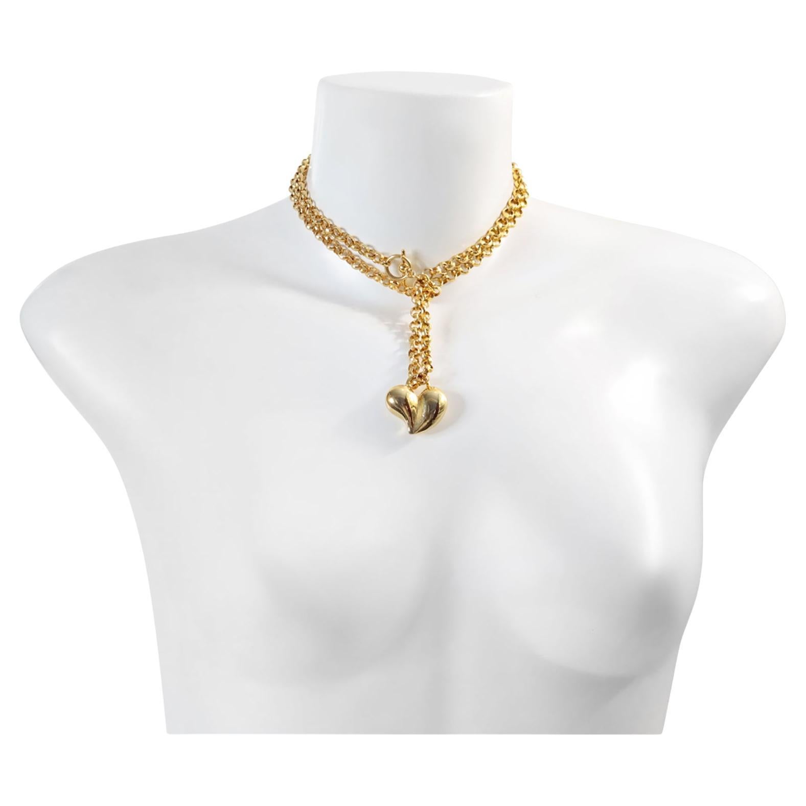Vintage Gold Tone Solid Heart on Link Toggle Chain Necklace Circa 1980