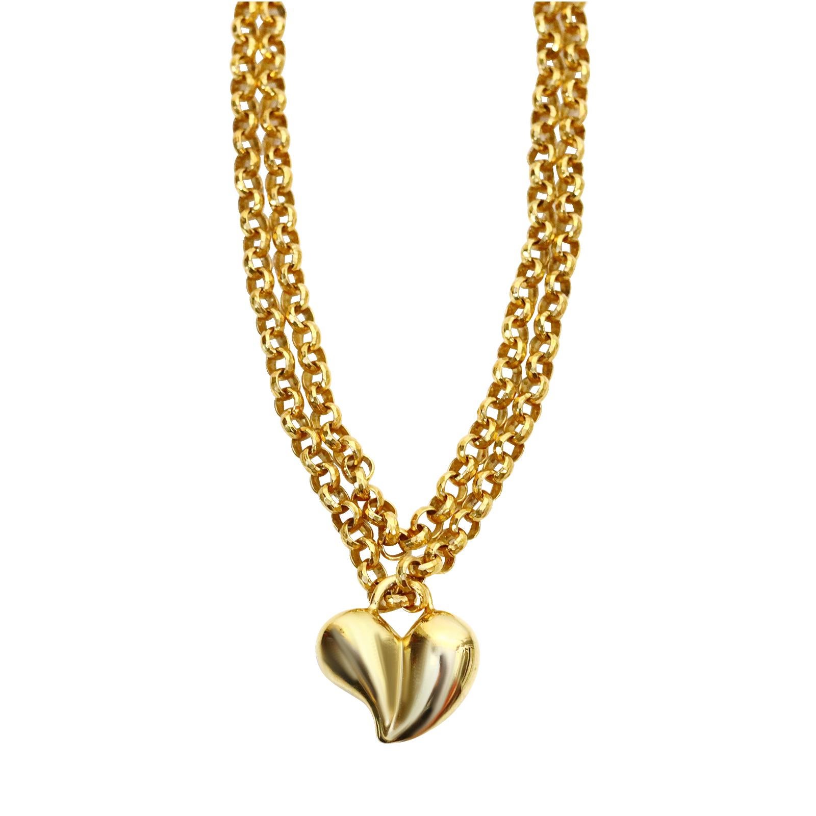 Women's or Men's Vintage Gold Tone Solid Heart on Link Toggle Chain Necklace Circa 1980s For Sale