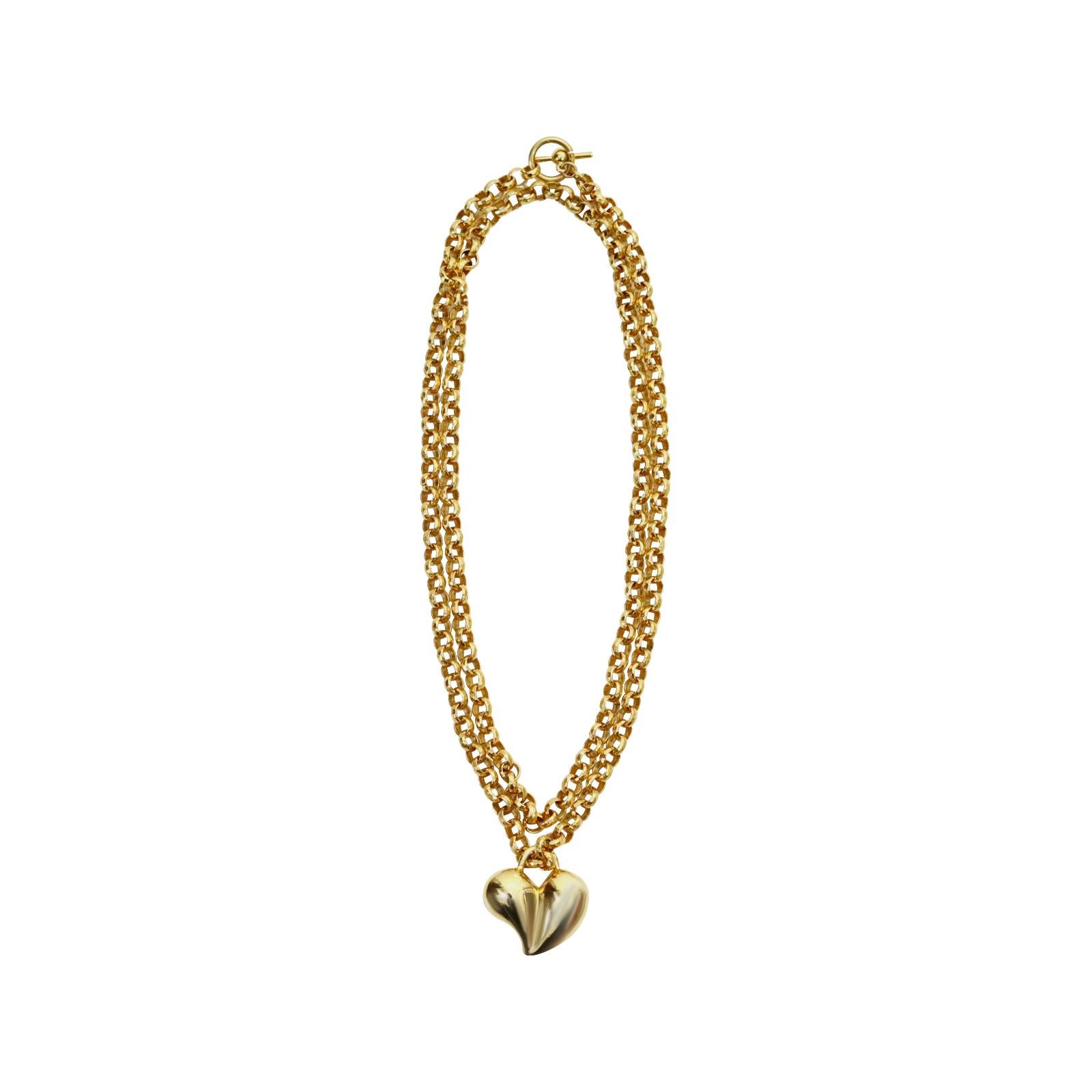 Vintage Gold Tone Solid Heart on Link Toggle Chain Necklace Circa 1980s For Sale 1