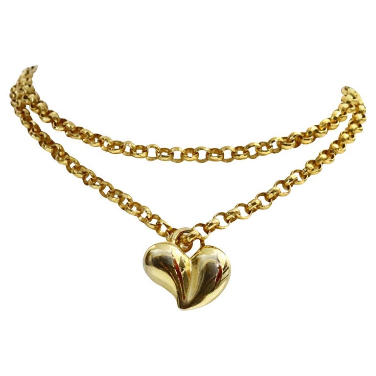 Vintage Gold Tone Solid Heart on Link Toggle Chain Necklace For Sale at