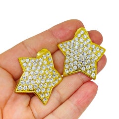 Vintage gold tone stars pave rhinestones massive designer clip earrings