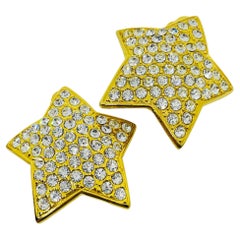 Vintage gold tone stars pave rhinestones massive designer clip earrings