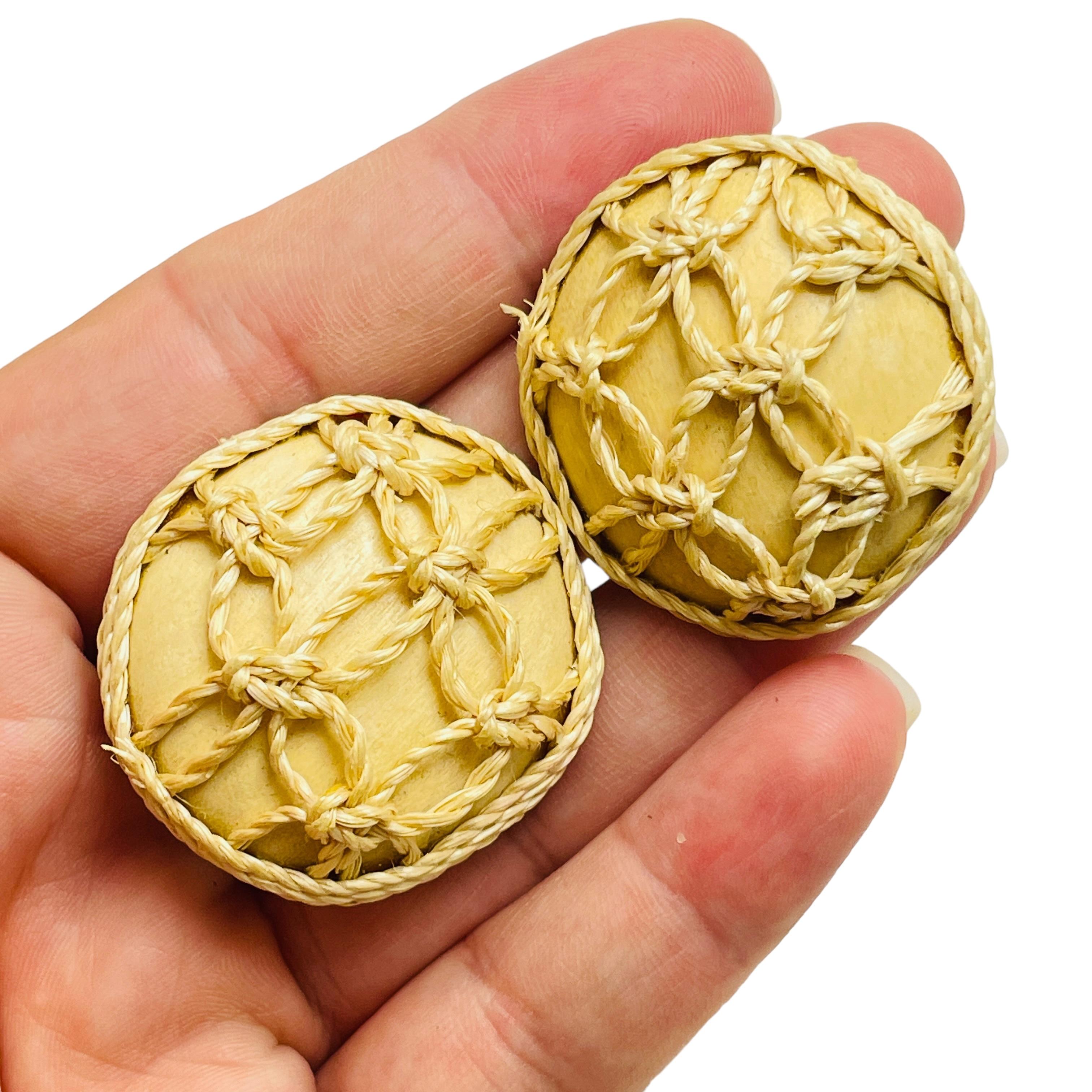 Women's Vintage gold tone straw beach designer clip on earrings For Sale