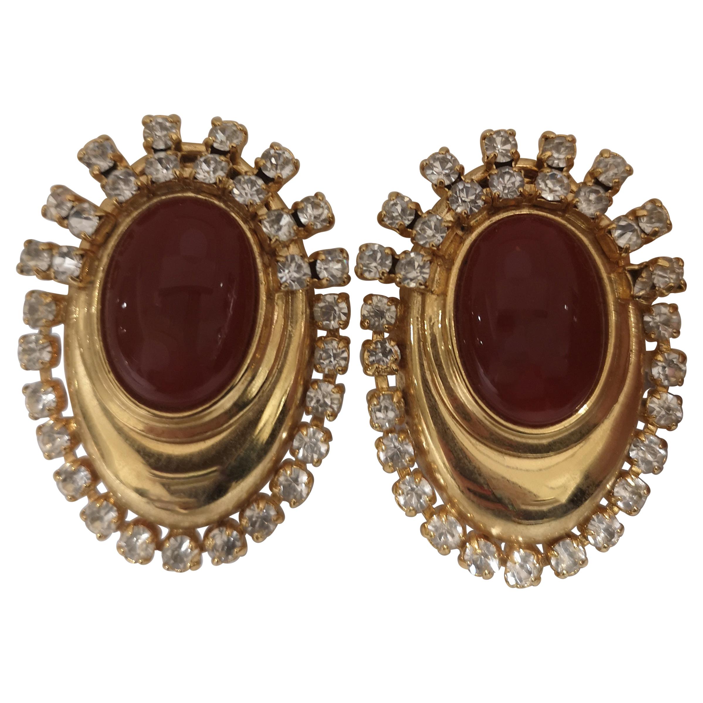 Vintage gold tone swarovski and stone pendant clip on earrings