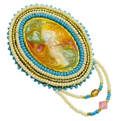 Vintage gold tone swirl enamel beaded artisan brooch