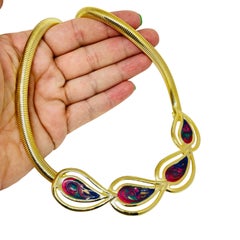 Vintage gold tone swirl enamel chain choker designer necklace