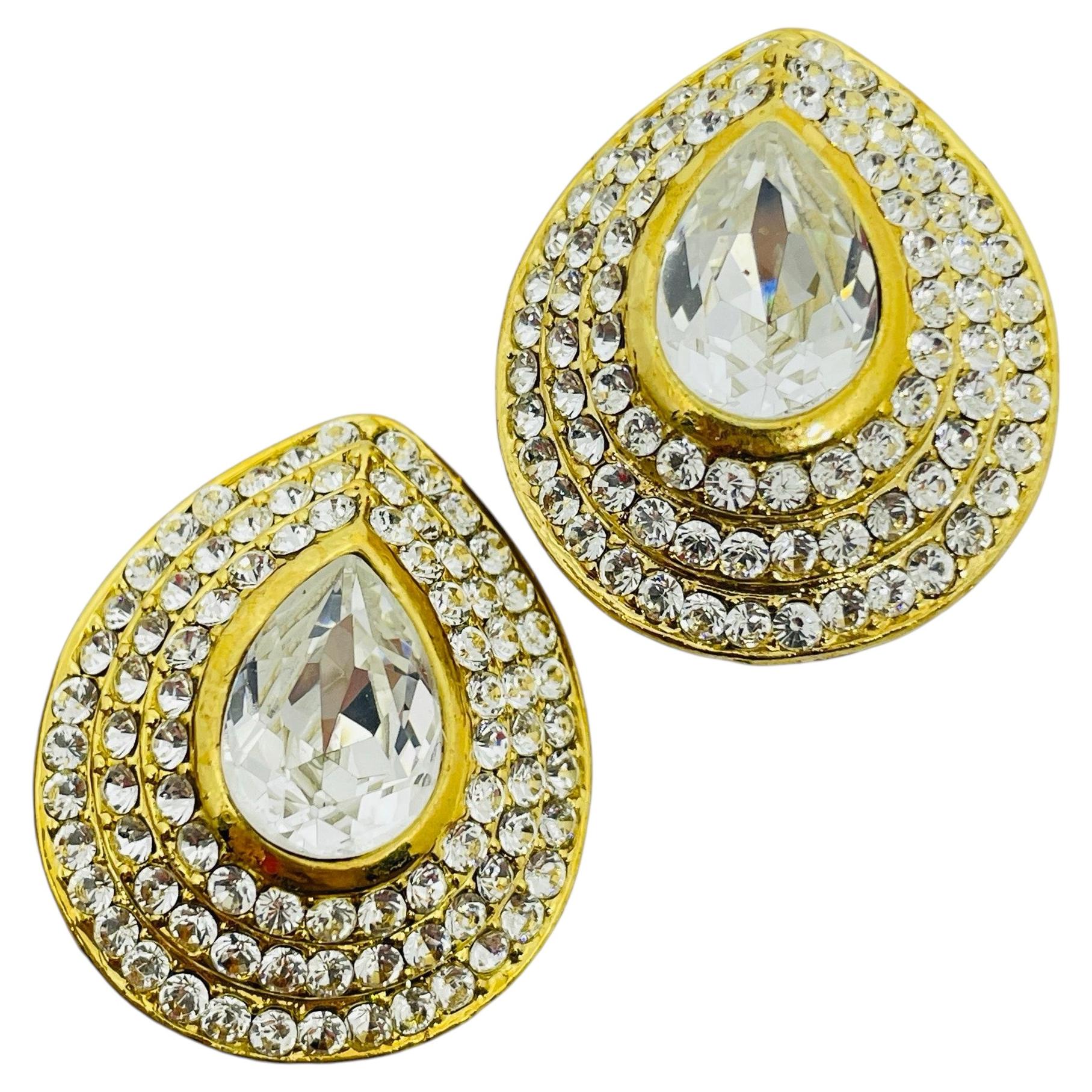 Vintage gold tone tear shape pave rhinestones massive designer clip earrings