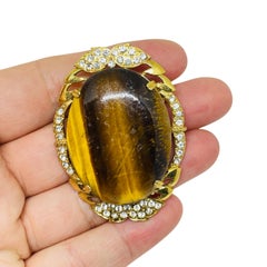 Vintage gold tone tiger eye huge glass cabochon designer brooch pendant