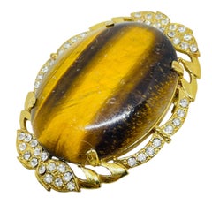 Vintage gold tone tiger eye huge glass cabochon designer brooch pendant