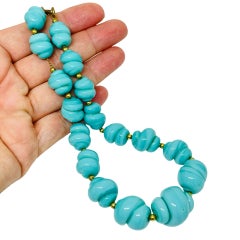 Vintage gold tone turquoise glass beads seashell shape designer 1960's necklace