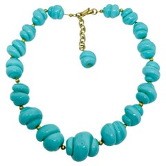Vintage gold tone turquoise glass beads seashell shape designer 1960's necklace