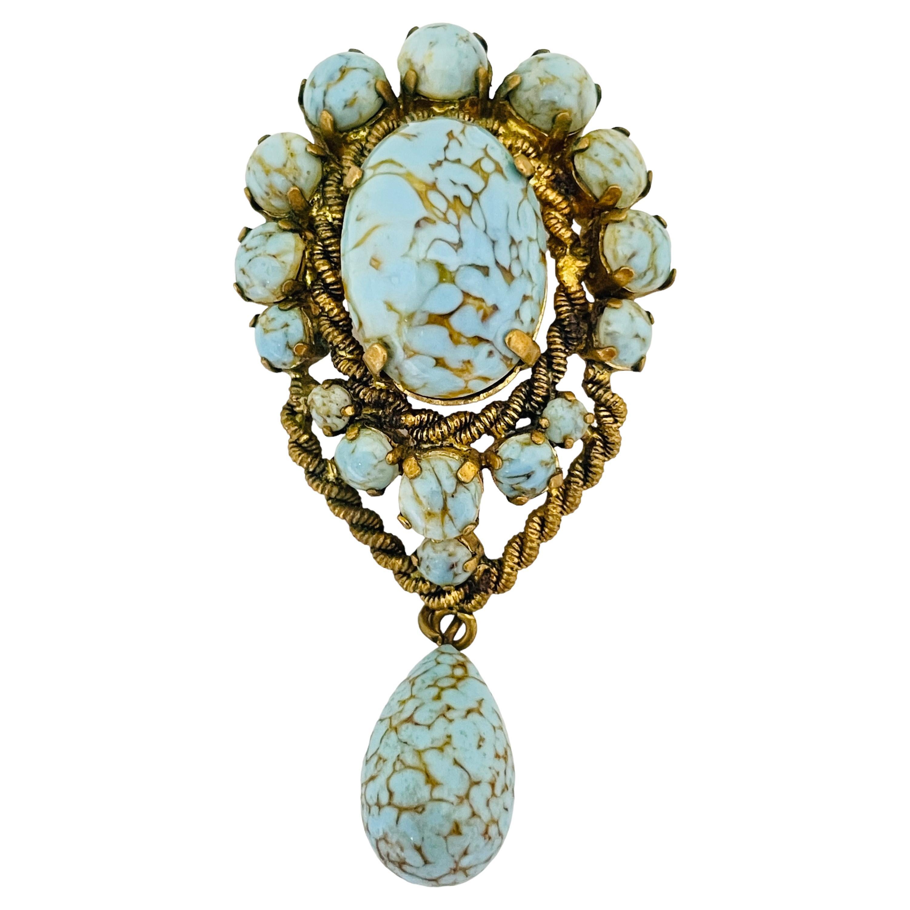 Vintage gold tone turquoise glass stones designer brooch
