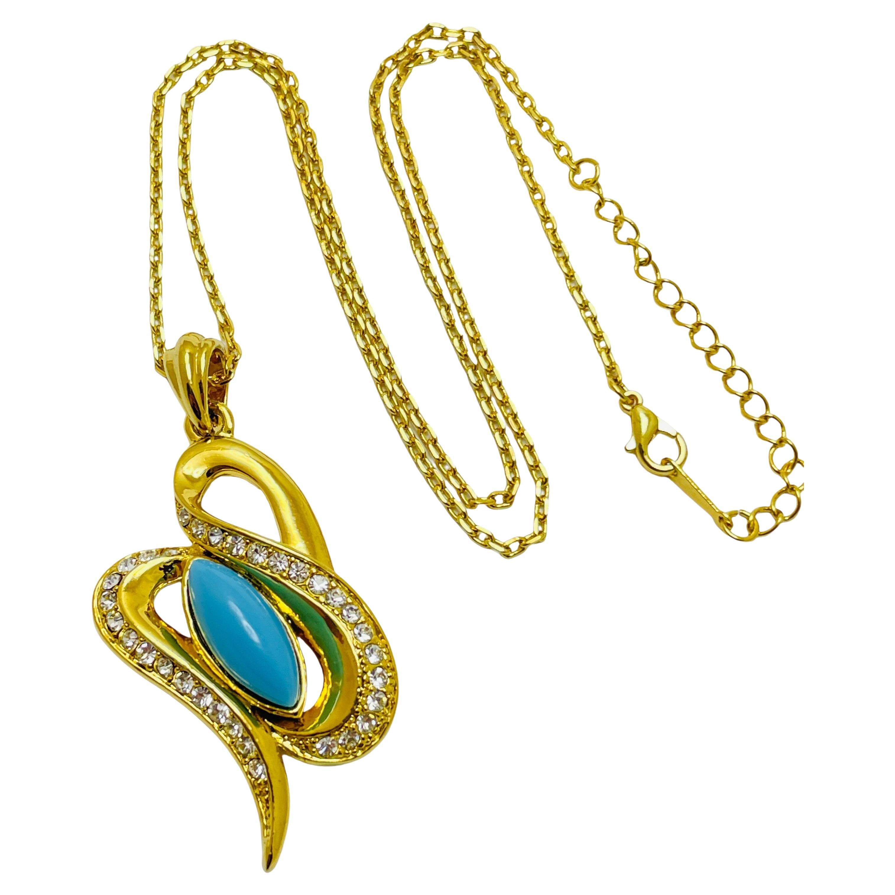 Vintage gold tone turquoise rhinestone designer necklace