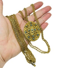 Vintage gold tone turquoise rhinestones locket pendant chain designer necklace