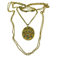 Vintage gold tone turquoise rhinestones locket pendant chain designer necklace