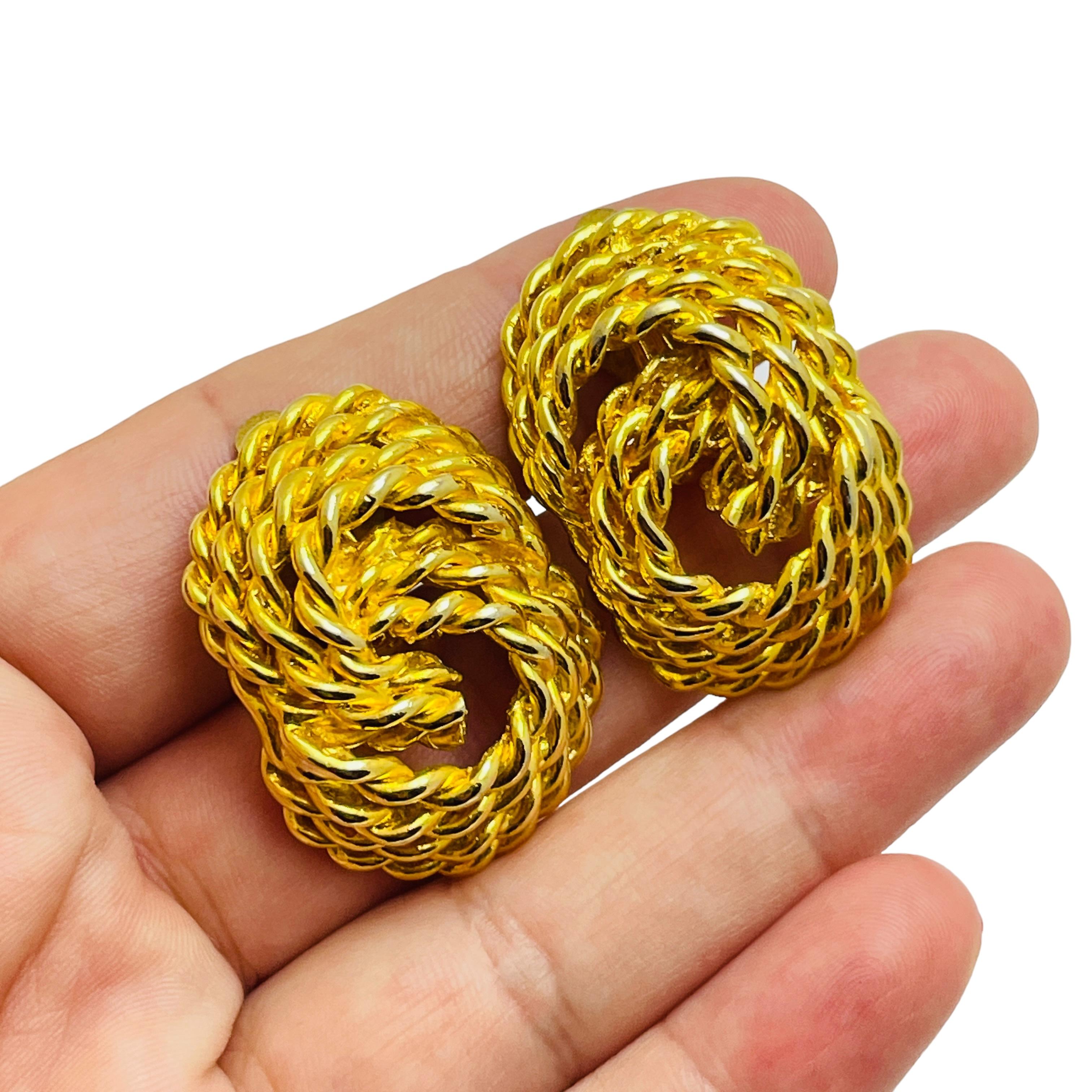 Women's Vintage gold tone twisted rope knots designer clip on earrings For Sale