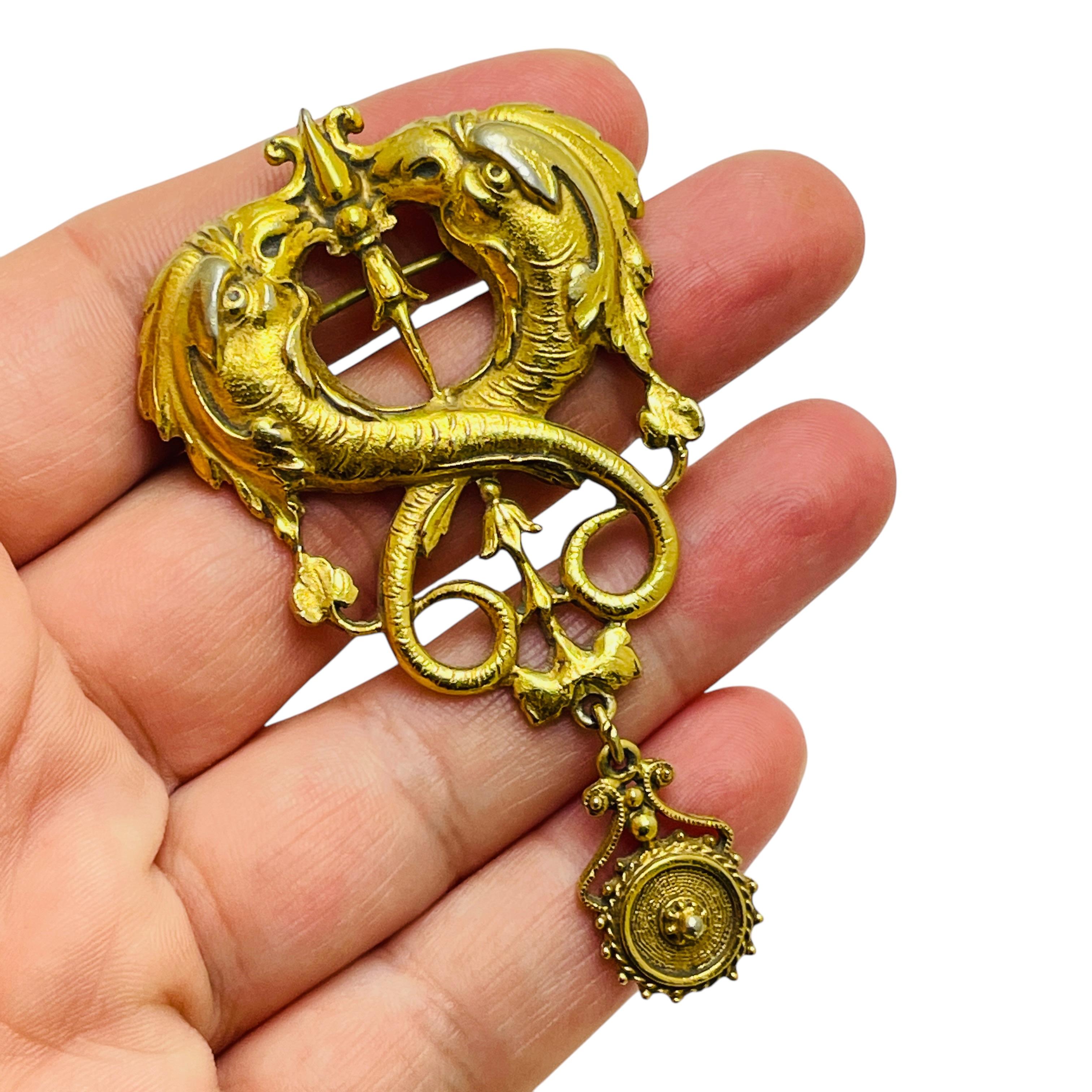 Women's Vintage gold tone unique dangle designer brooch For Sale