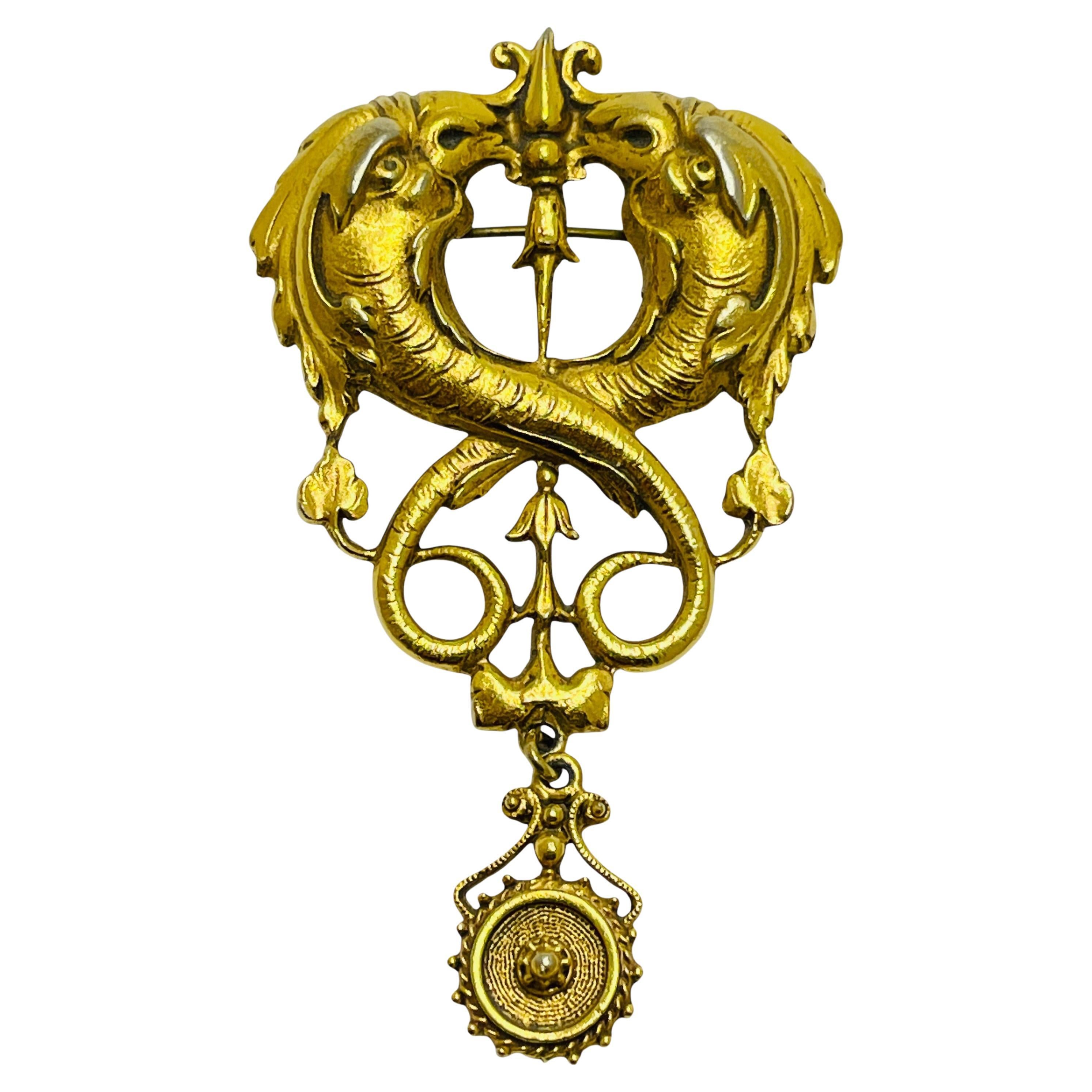 Vintage gold tone unique dangle designer brooch For Sale