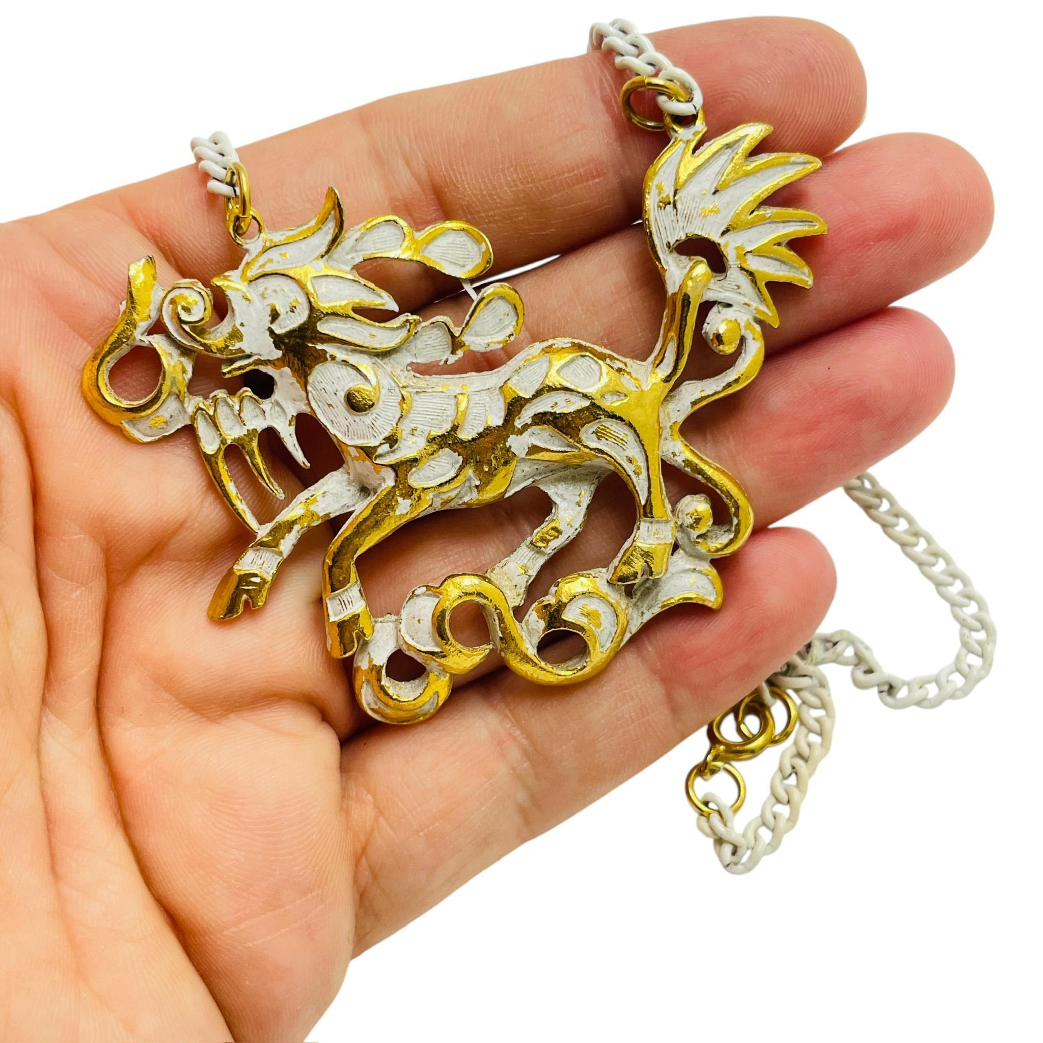 Women's Vintage gold tone white enamel dragon necklace For Sale