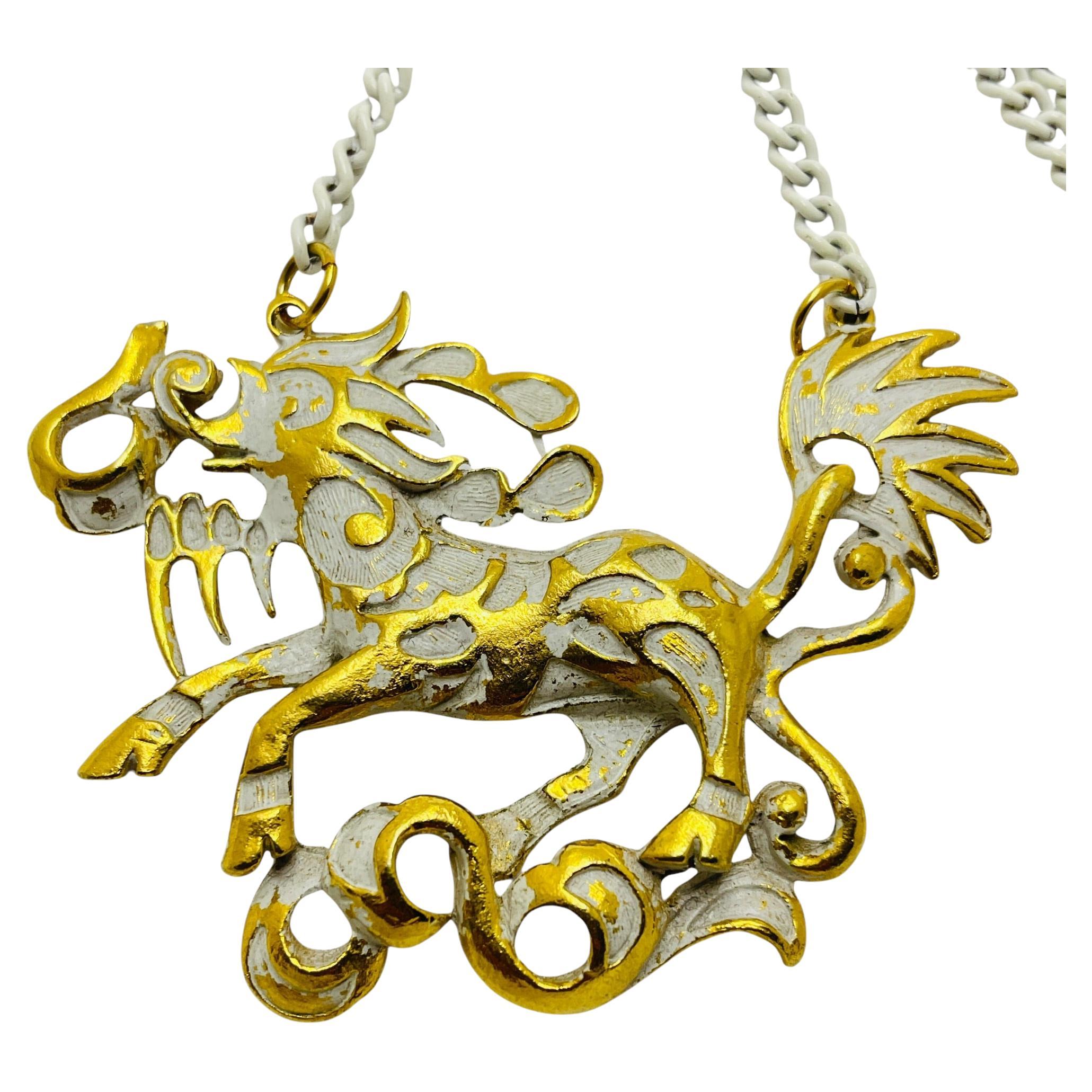 Vintage gold tone white enamel dragon necklace For Sale