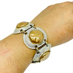 Vintage gold tone white enamel faux pearls designer wide link bracelet