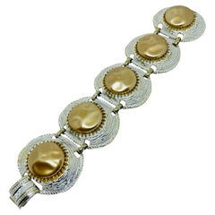 Vintage gold tone white enamel faux pearls designer wide link bracelet