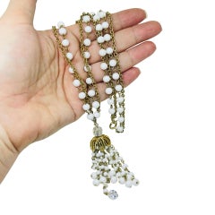Vintage gold tone white glass crystal dangle tassel beaded chain necklace