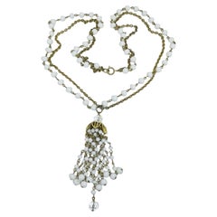 Vintage gold tone white glass crystal dangle tassel beaded chain necklace