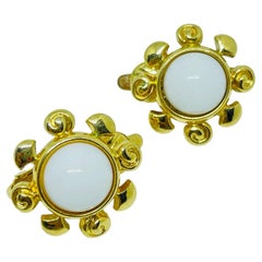 Vintage gold tone white lucite small designer clip on earrings