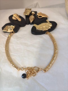 Vintage 1990s Gold Tone Link Necklace with Black Stones, Unisex Design
