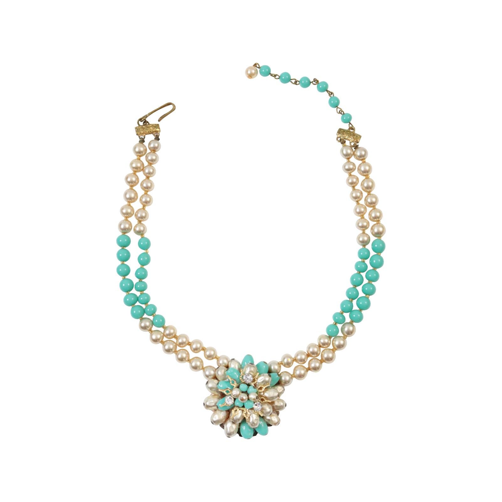 Vintage Gold Tone with Faux Pearls and Turquoise Choker Circa 1950s For Sale 5