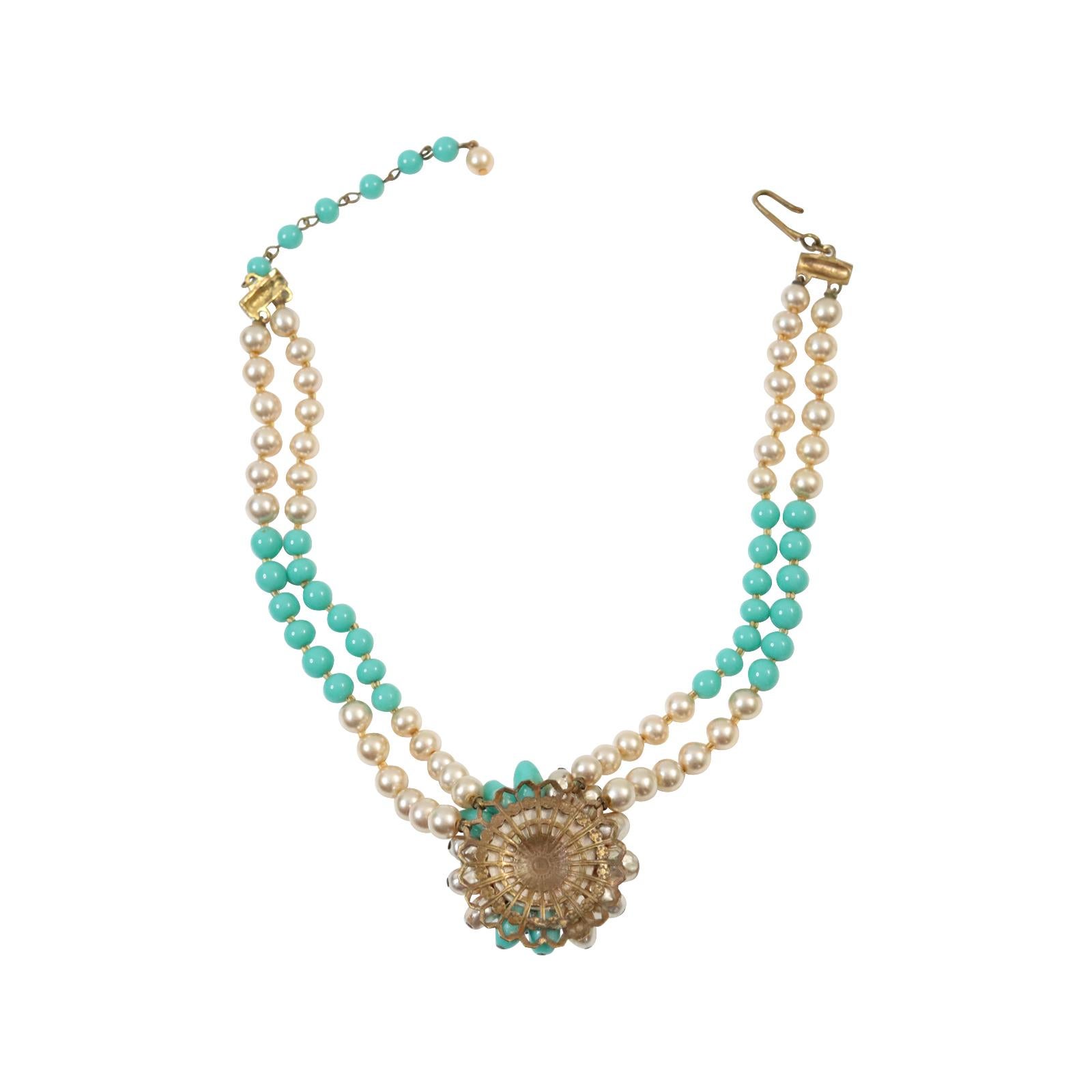 Vintage Gold Tone with Faux Pearls and Turquoise Choker Circa 1950s For Sale 6
