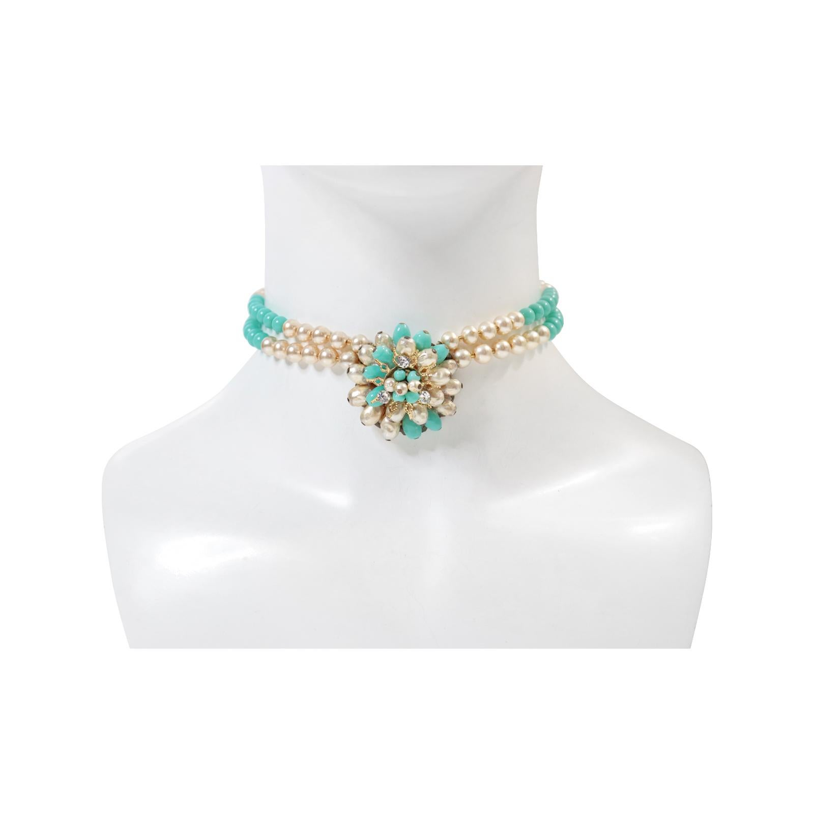 Modern Vintage Gold Tone with Faux Pearls and Turquoise Choker Circa 1950s For Sale