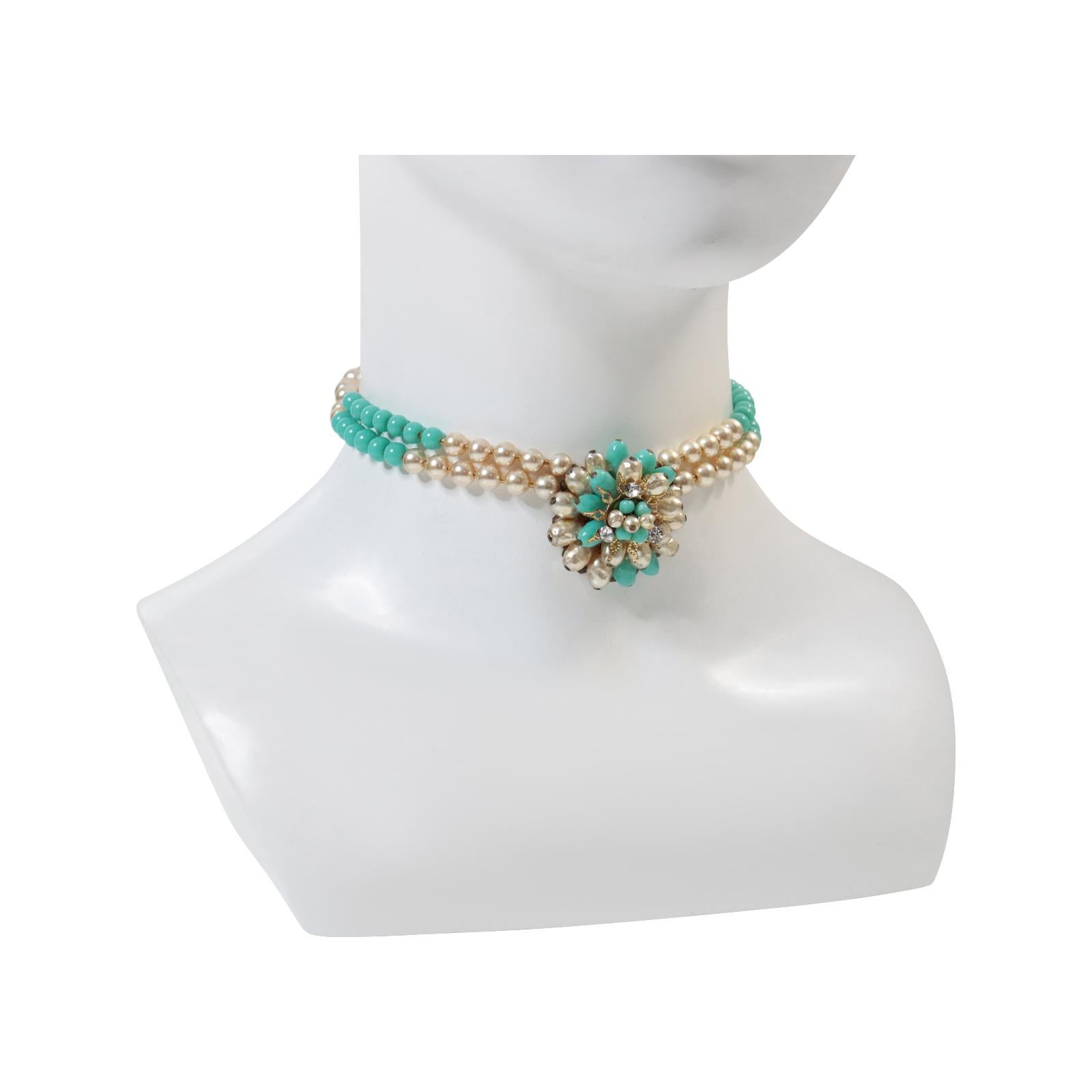 Vintage Gold Tone with Faux Pearls and Turquoise Choker Circa 1950s In Good Condition For Sale In New York, NY