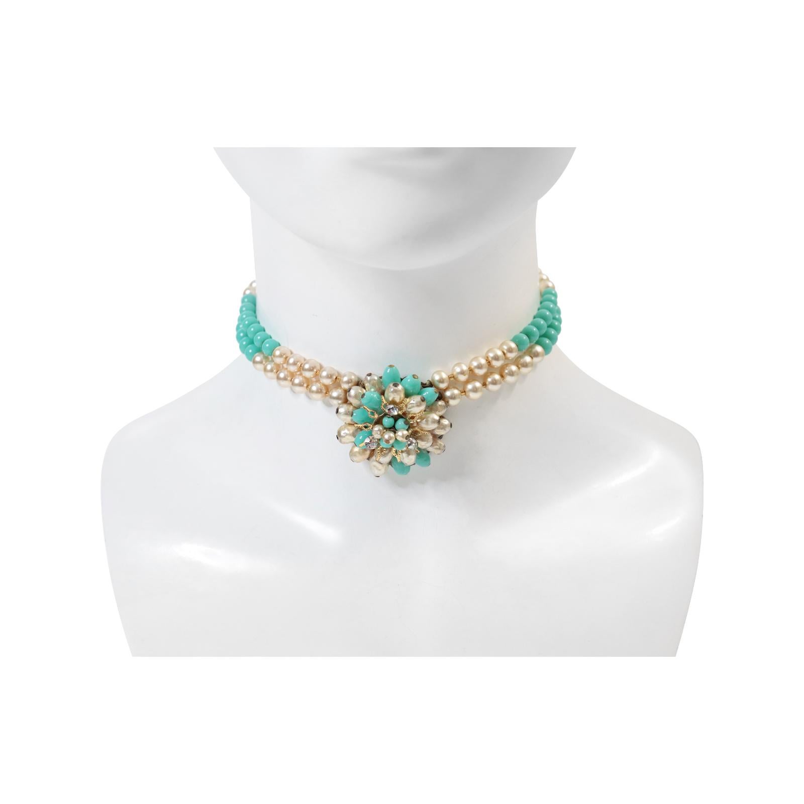 Women's Vintage Gold Tone with Faux Pearls and Turquoise Choker Circa 1950s For Sale
