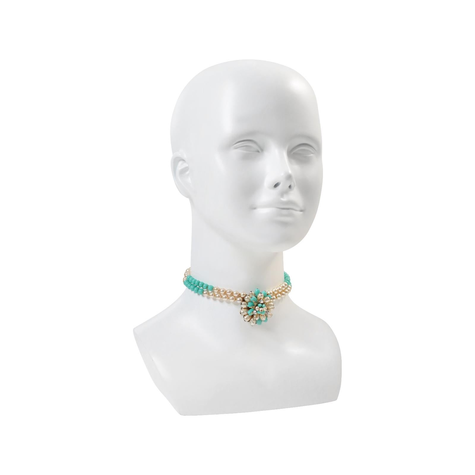 Vintage Gold Tone with Faux Pearls and Turquoise Choker Circa 1950s For Sale 1