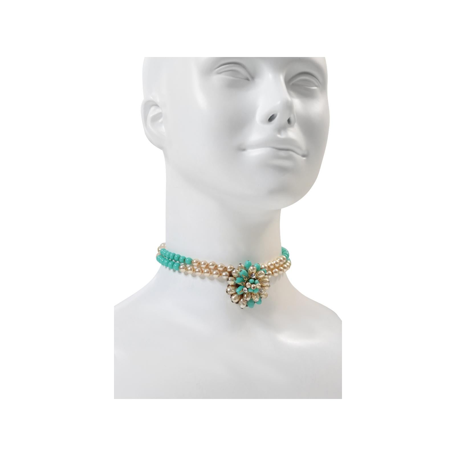 Vintage Gold Tone with Faux Pearls and Turquoise Choker Circa 1950s For Sale 2