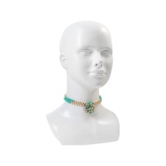 Vintage Gold Tone Choker Necklace with Faux Pearls & Turquoise, 1950s