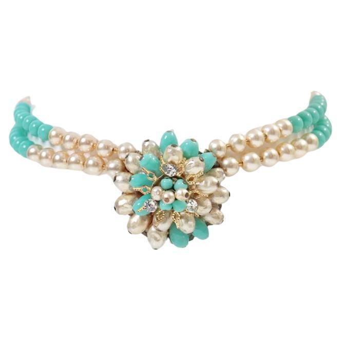 Vintage Gold Tone with Faux Pearls and Turquoise Choker Circa 1950s For Sale 3