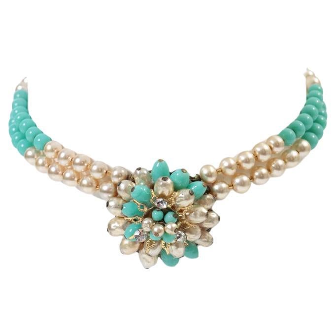 Vintage Gold Tone with Faux Pearls and Turquoise Choker Circa 1950s For Sale 4