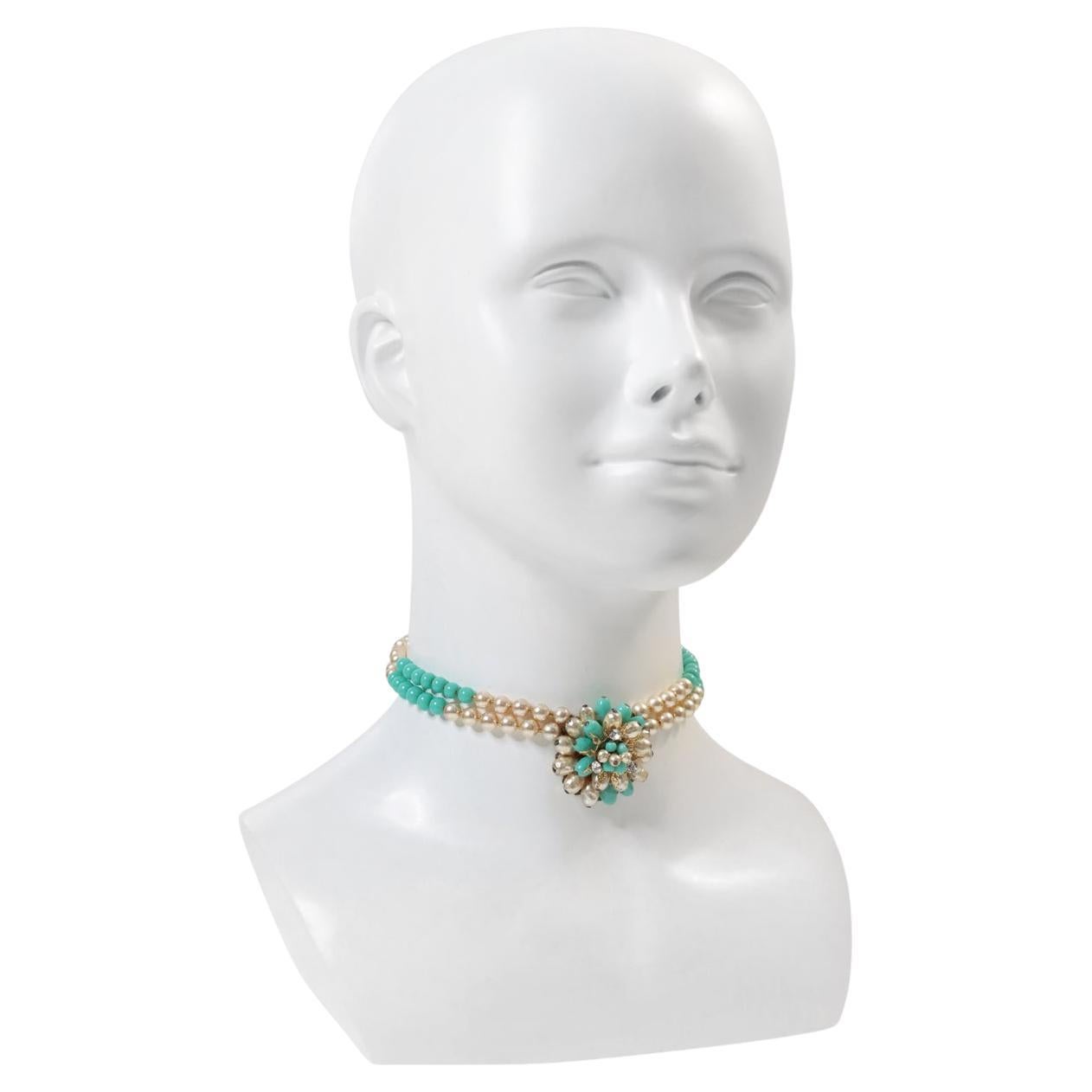Vintage Gold Tone with Faux Pearls and Turquoise Choker Circa 1950s For Sale