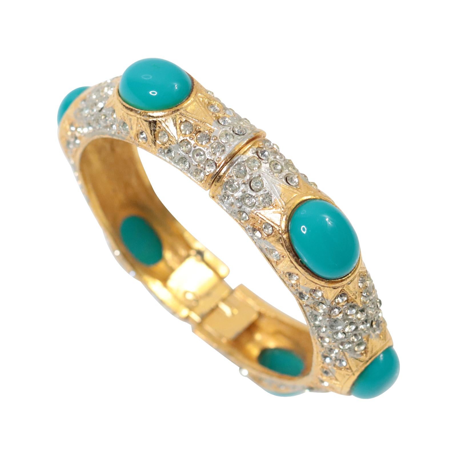Pulsera vintage dorada con turquesa de imitación y diamantes Circa años 80 Moderno en venta