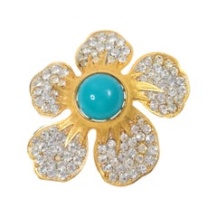 Broche vintage dorado con turquesa de imitación y diamantes Circa 1980's