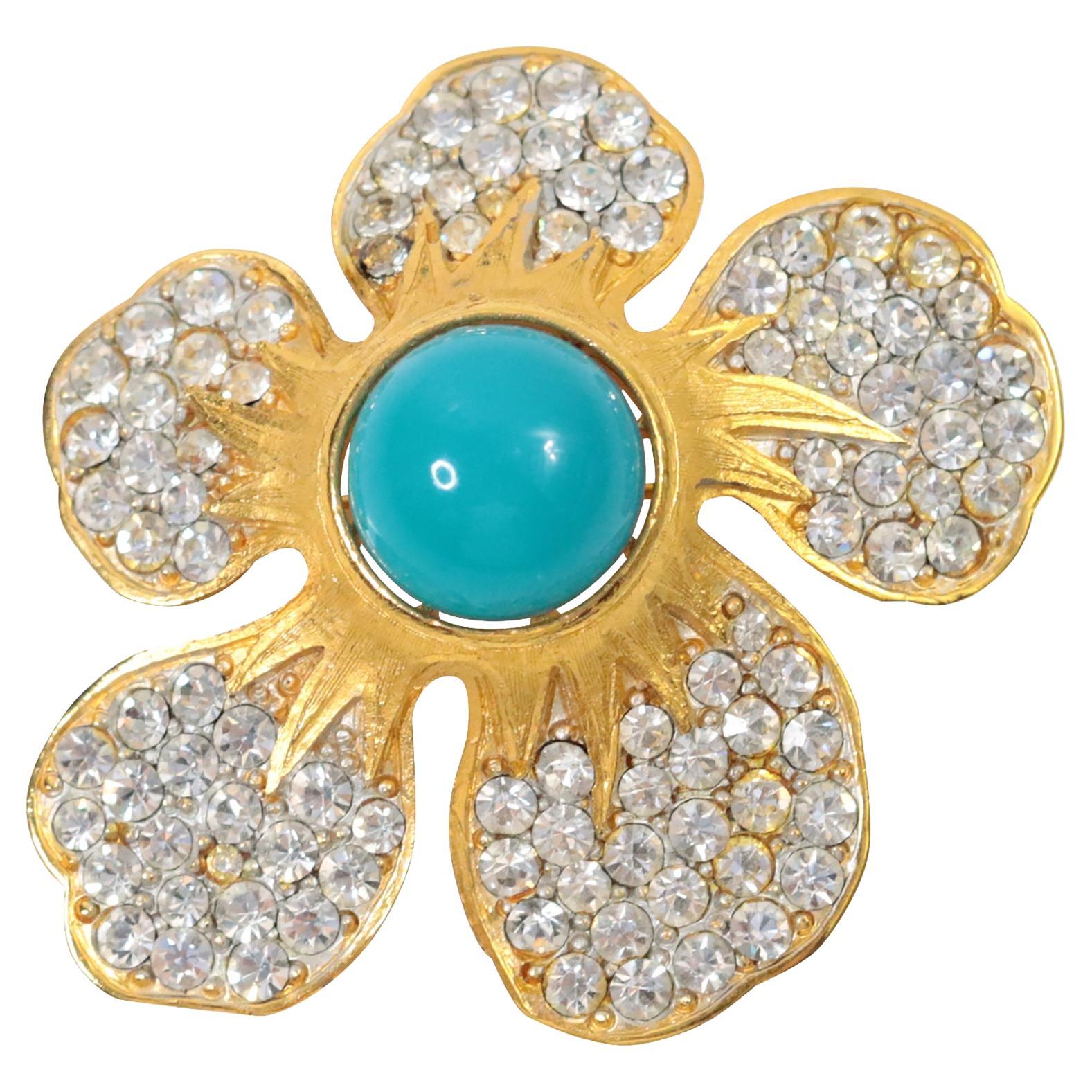 Vintage Gold Tone With Faux Turquoise and Diamante Brooch CIRCA 1980's
