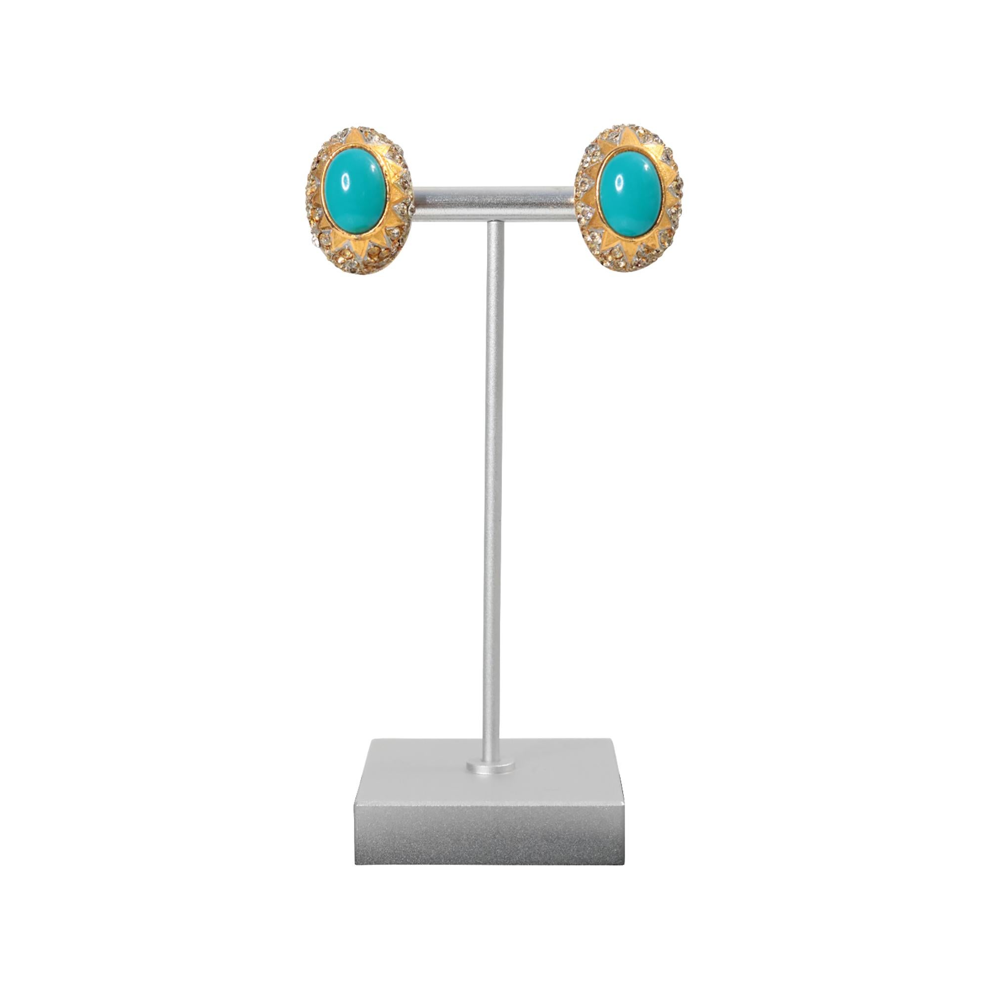 Vintage Gold-Ton mit Faux Türkis und Diamanten  Ohrringe CIRCA 1980er Jahre im Angebot 1