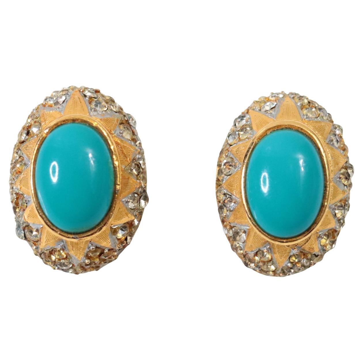 Tono Dorado Vintage Con Turquesa Falsa y Diamante  Pendientes Circa 1980's
