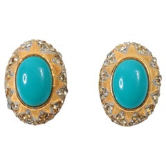 Vintage ton or avec fausse turquoise et diamants  Boucles d'oreilles Circa 1980's