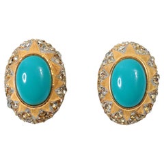 Vintage Gold Tone With Faux Turquoise and Diamante  Earrings Circa 1980's